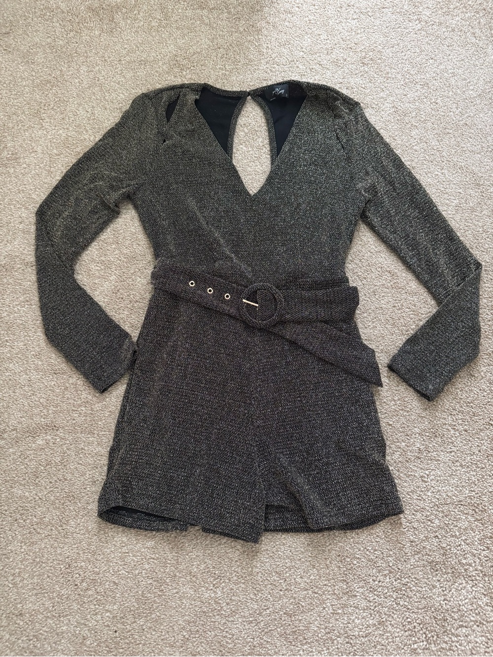 Long Sleeve Metallic Black Romper with Belt